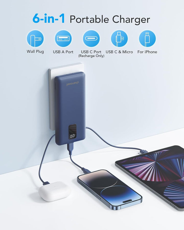 charmast Cargador portátil con cables y enchufe integrados, cargado...