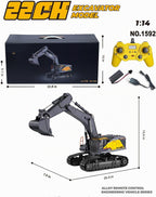 Camión excavadora de control remoto de 20.4 pulgadas, 22 canales, escala 1/14, pala de metal, brazos independientes, máquina de excavación a control remoto, vehículos de construcción de aleación de metal, juguete para principiantes de 14 años