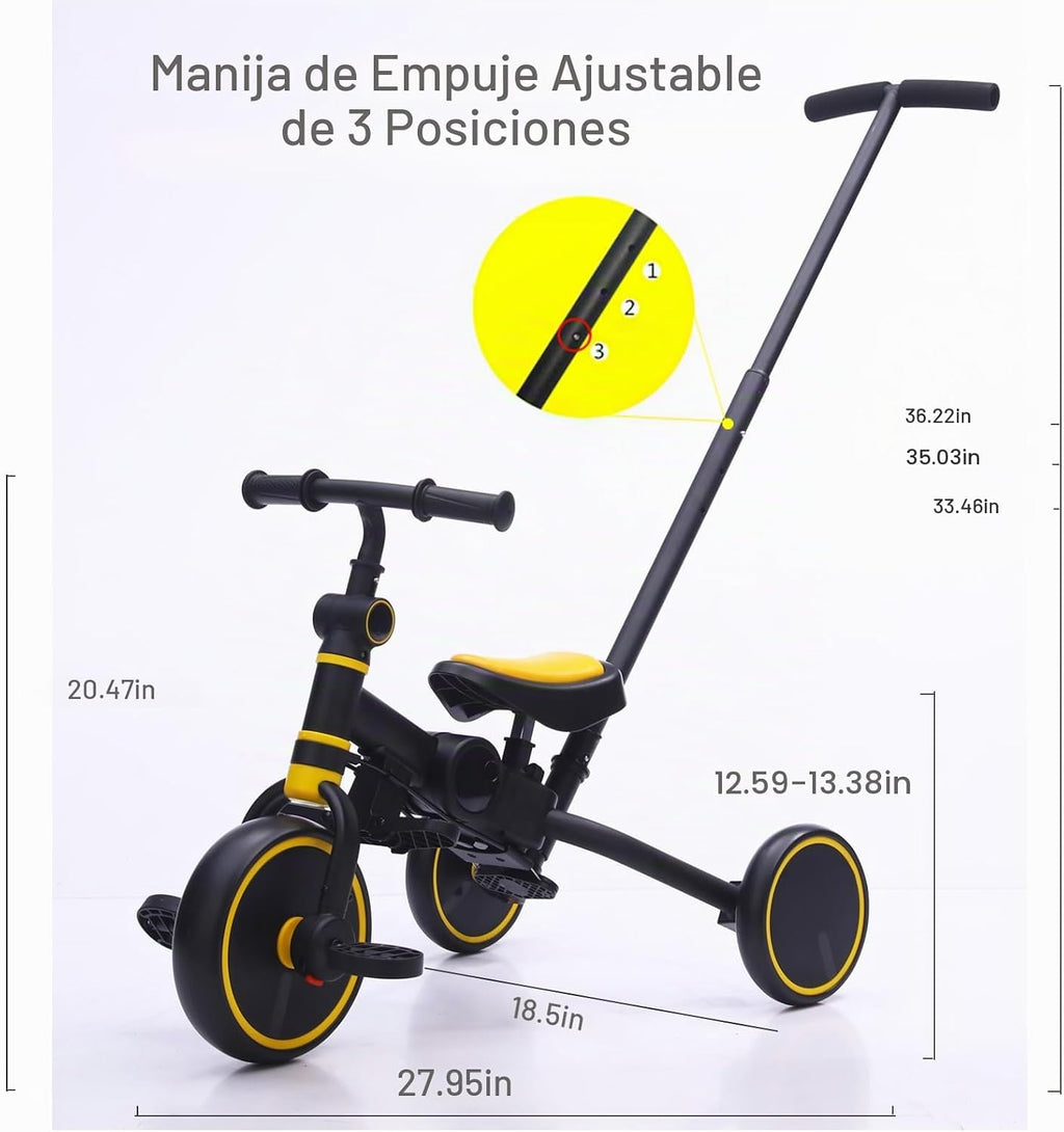 Bicicleta de equilibrio de triciclo 5 en 1 para niños con mango de empuje ajustable, triciclo convertible para niños pequeños, ruedas de EVA, edades de 12 meses a 5 años (amarillo)