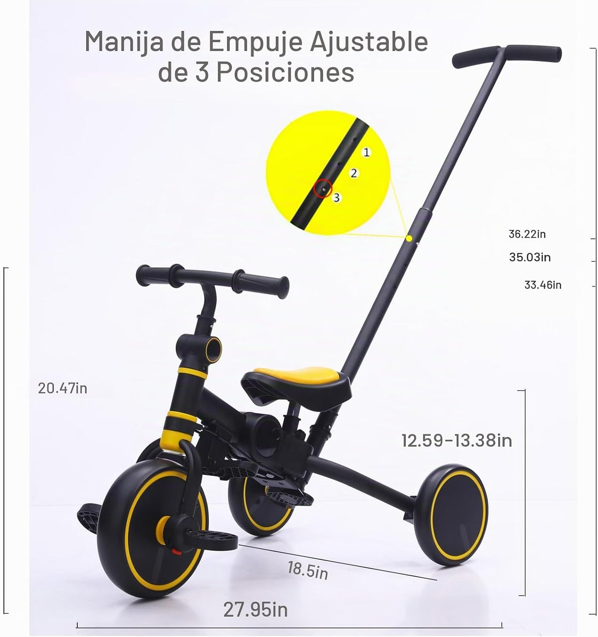 Bicicleta de equilibrio de triciclo 5 en 1 para niños con mango de empuje ajustable, triciclo convertible para niños pequeños, ruedas de EVA, edades de 12 meses a 5 años (amarillo)