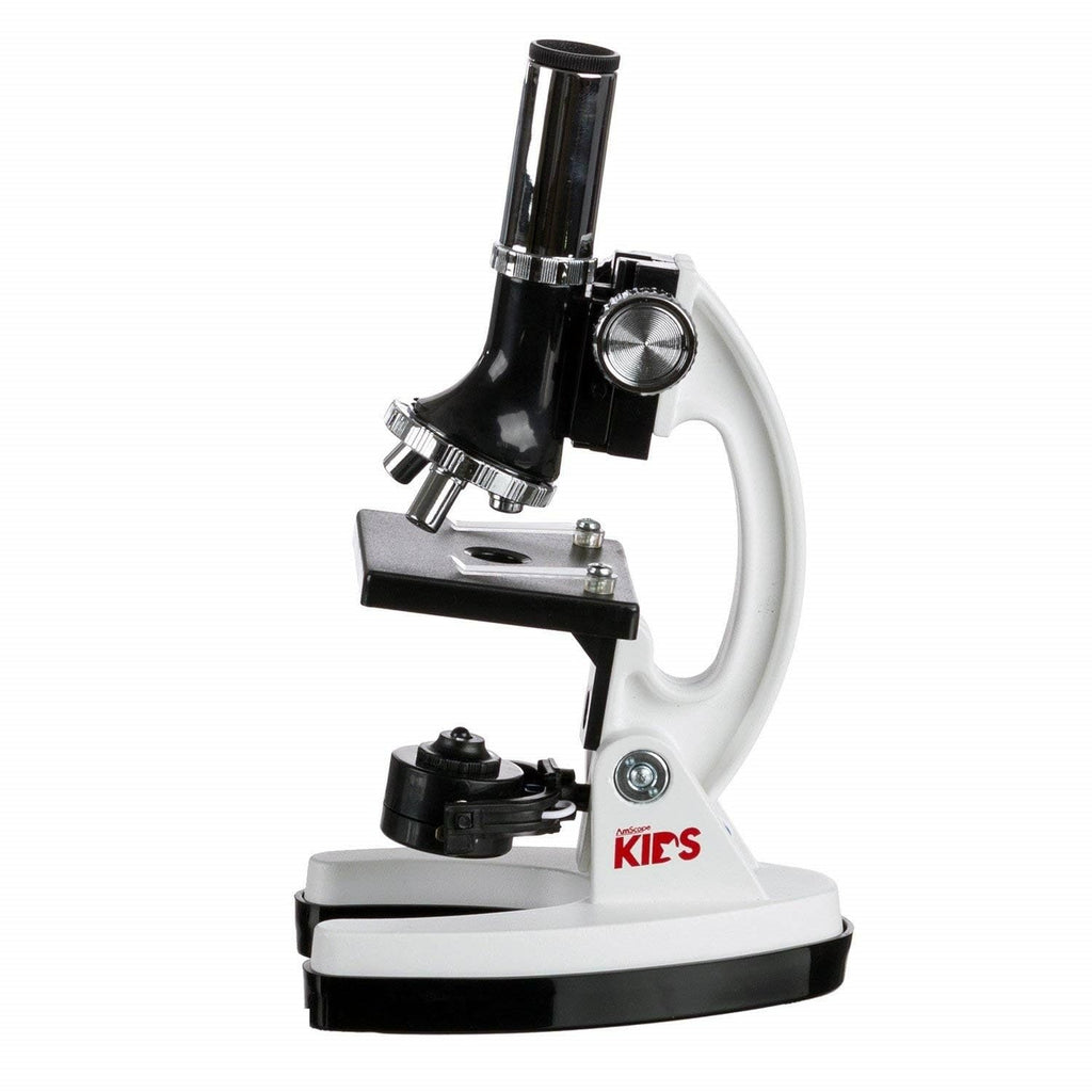 Amscope M30-ABS-KT1-W microscopio educativo para niños, base y brazo de metal, objetivos de 120X, 240X, 300X, 480X, 600X, 1200X, 48 piezas