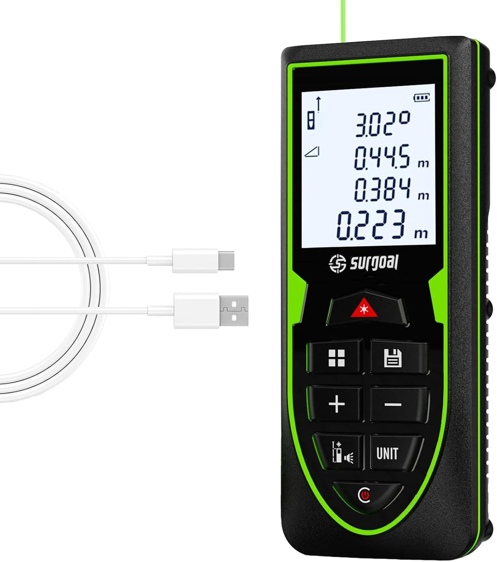 Medidor de Distancia Láser Verde USB-C Recargable Sensor de Ángulo XY en Vivo