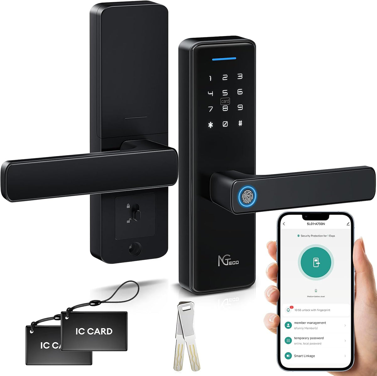 NGTeco Cerradura de puerta inteligente con manija de palanca, cerrojo de huella digital sin llave Wi-Fi, control de aplicación y teclado de pantalla táctil para puerta delantera