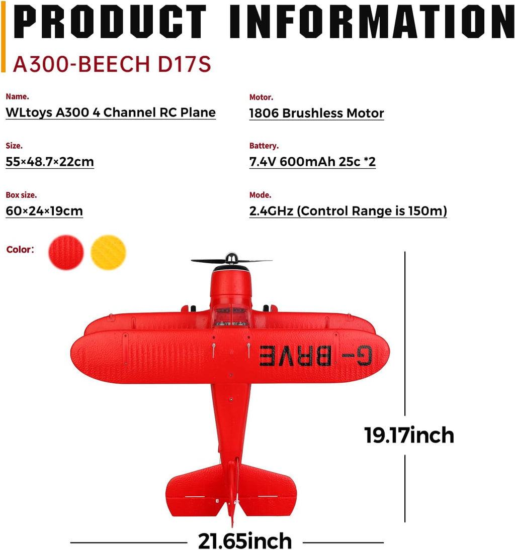 CKYSCHN WLtoys A300 4CH RC Plane sin escobillas y giroscopio de 6 ejes para