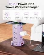Regleta de alimentación púrpura con 12 tomas, 4 USB (1 USB C), cable de extensión de 6.5 pies con múltiples tomas, estación de carga, torre de regleta de alimentación, suministros de escritorio de