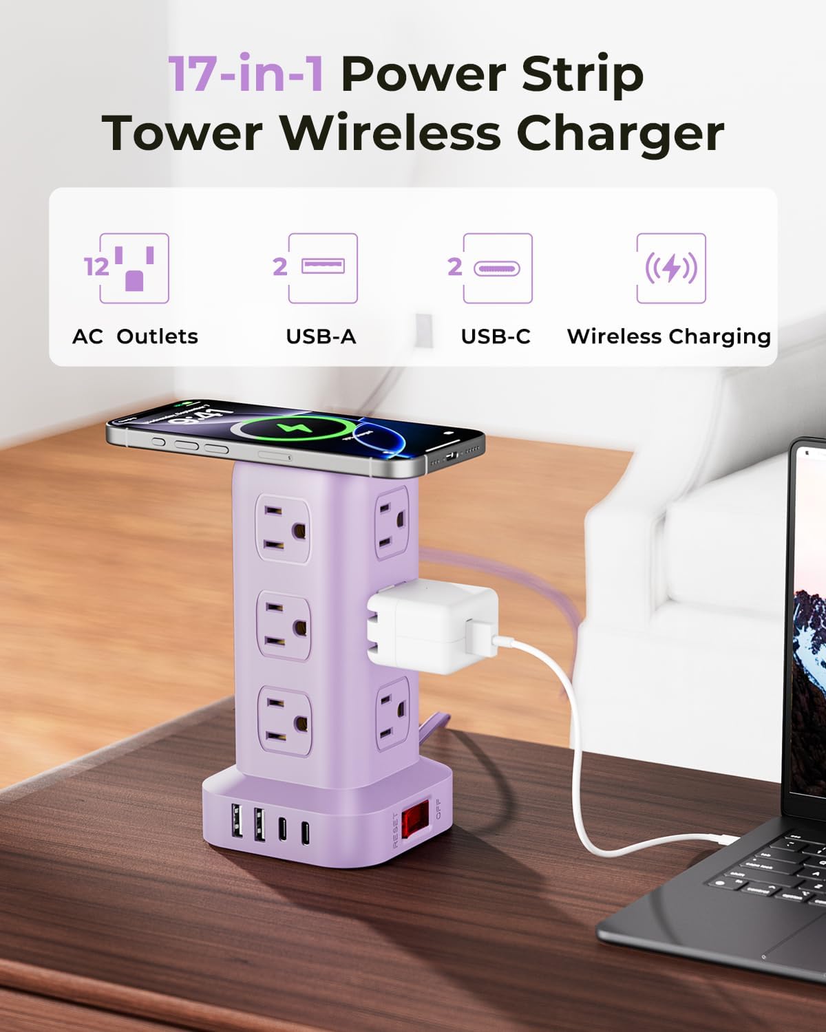 Regleta de alimentación púrpura con 12 tomas, 4 USB (1 USB C), cable de extensión de 6.5 pies con múltiples tomas, estación de carga, torre de regleta de alimentación, suministros de escritorio de