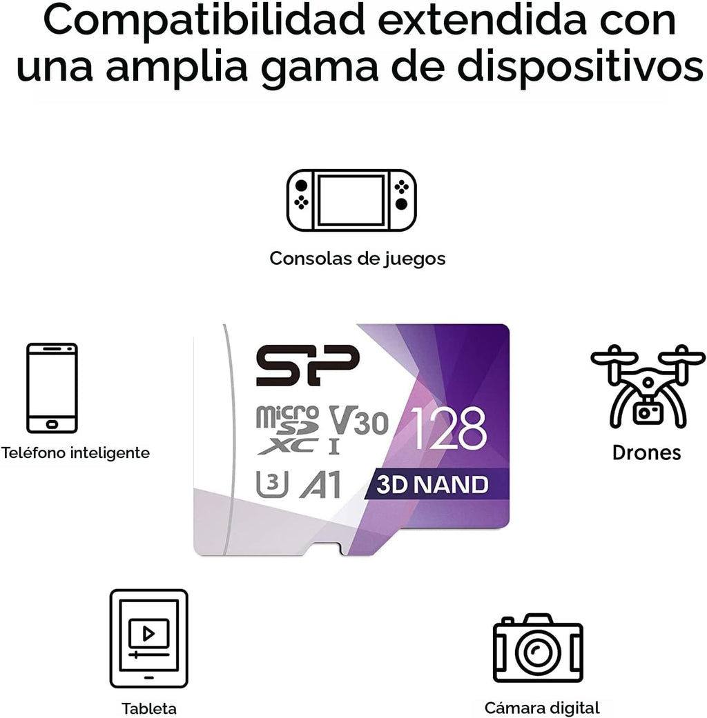 Silicon Power Tarjeta micro SD de 128 GB U3 SDXC hasta 100 MB/s. Tarjeta, Adaptador incluido