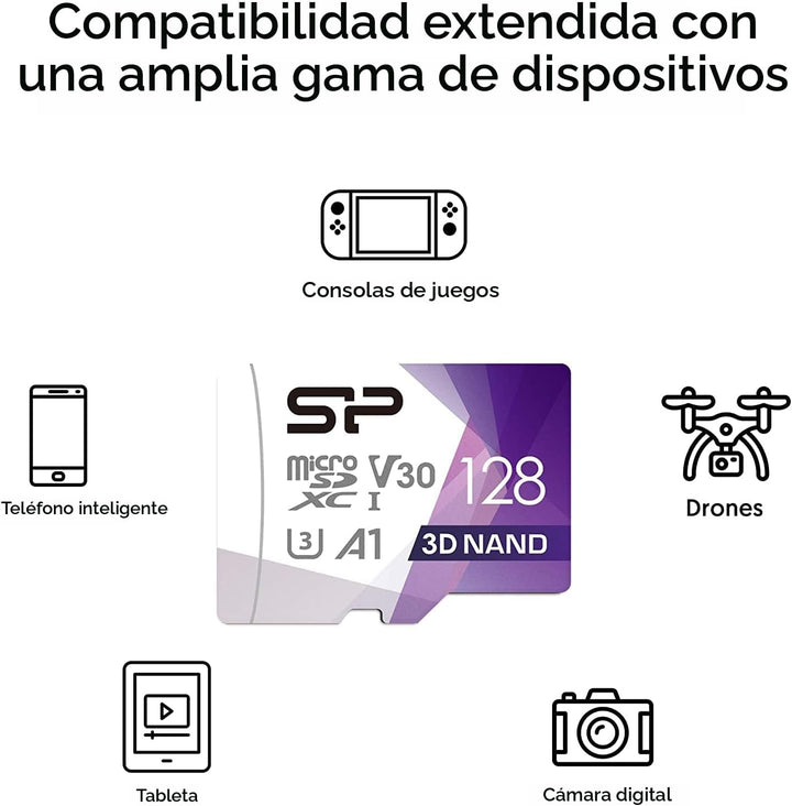 Silicon Power Tarjeta micro SD de 128 GB U3 SDXC hasta 100 MB\/s. T...