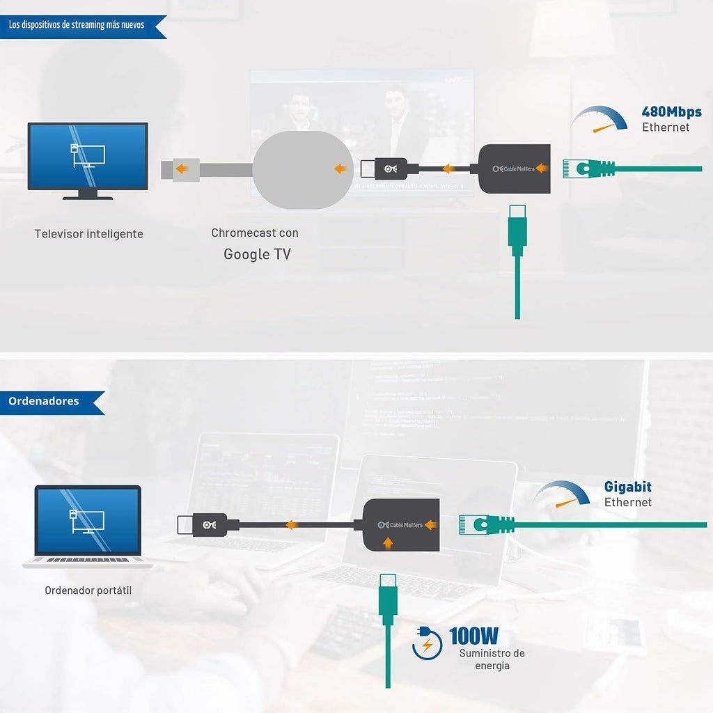 Cable Matters Adaptador USB C a Ethernet Gigabit con carga de 100 W