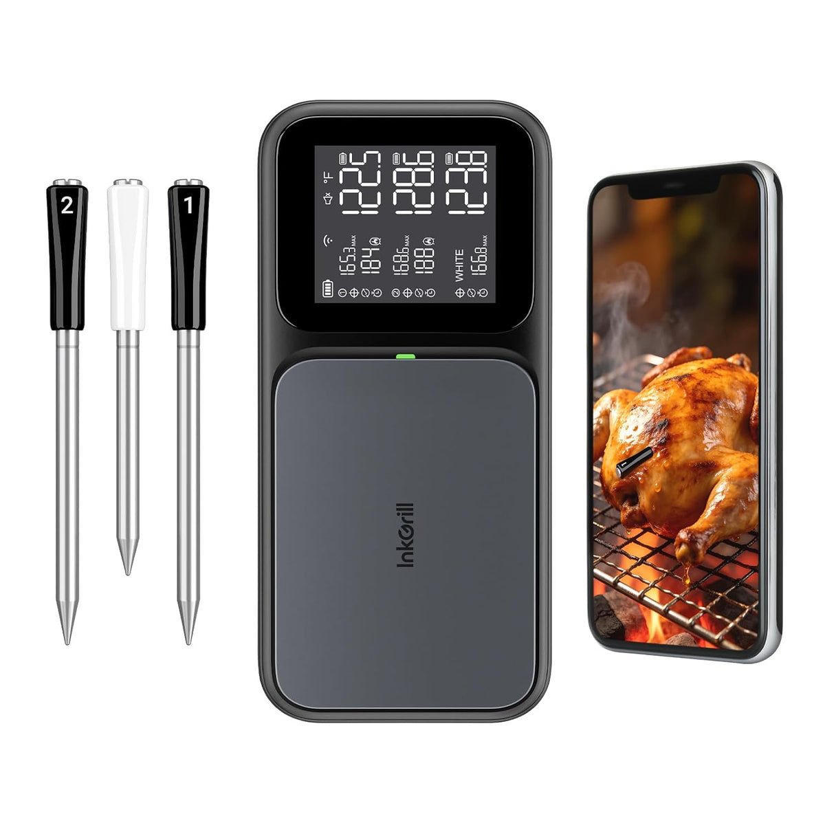 Termómetro inalámbrico para carne con WiFi 5G y Bluetooth 5.4, 3 sondas, 5 sensores, termómetro inteligente para carne con calibración AI en tiempo real, datos fuera de línea de 120 minutos
