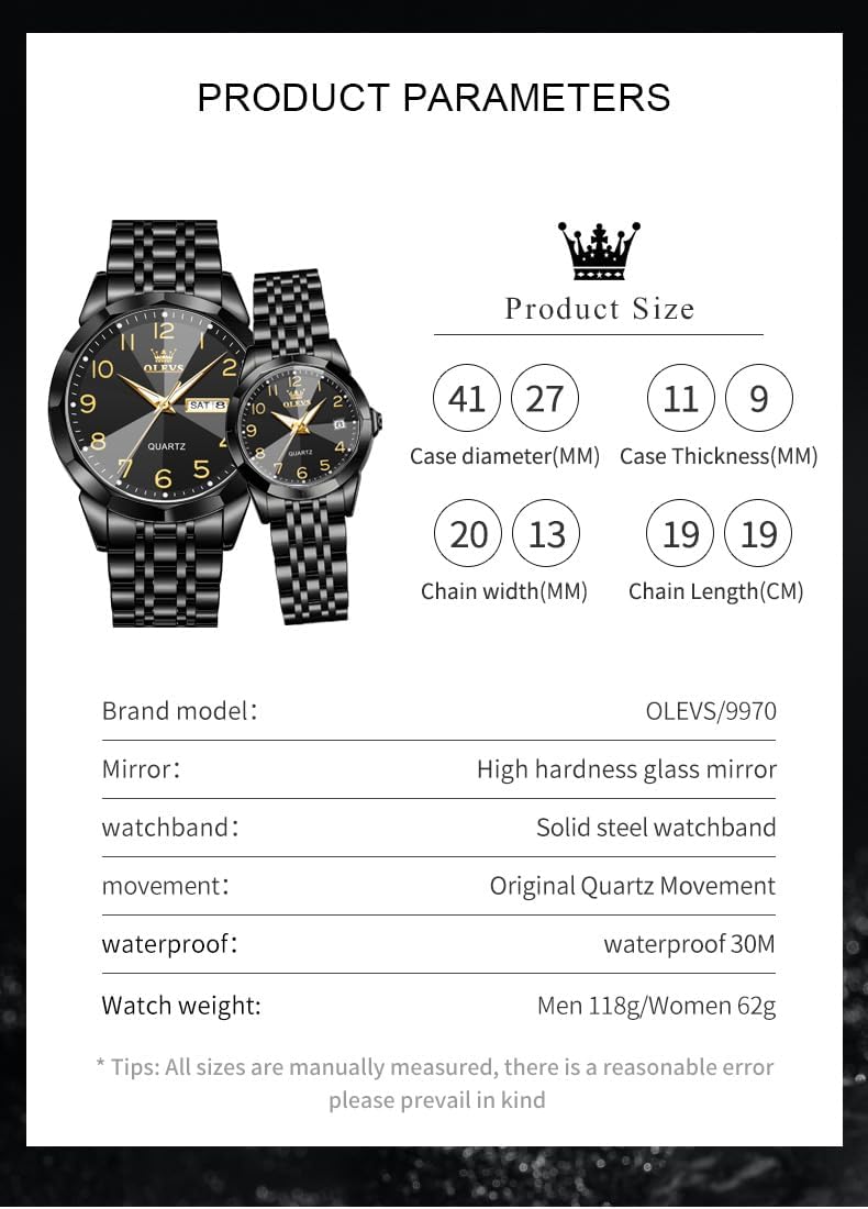 OLEVS Relojes de Pareja de San Valentín - Lujo, Moda para Hombre y Mujer, Juego de Relojes