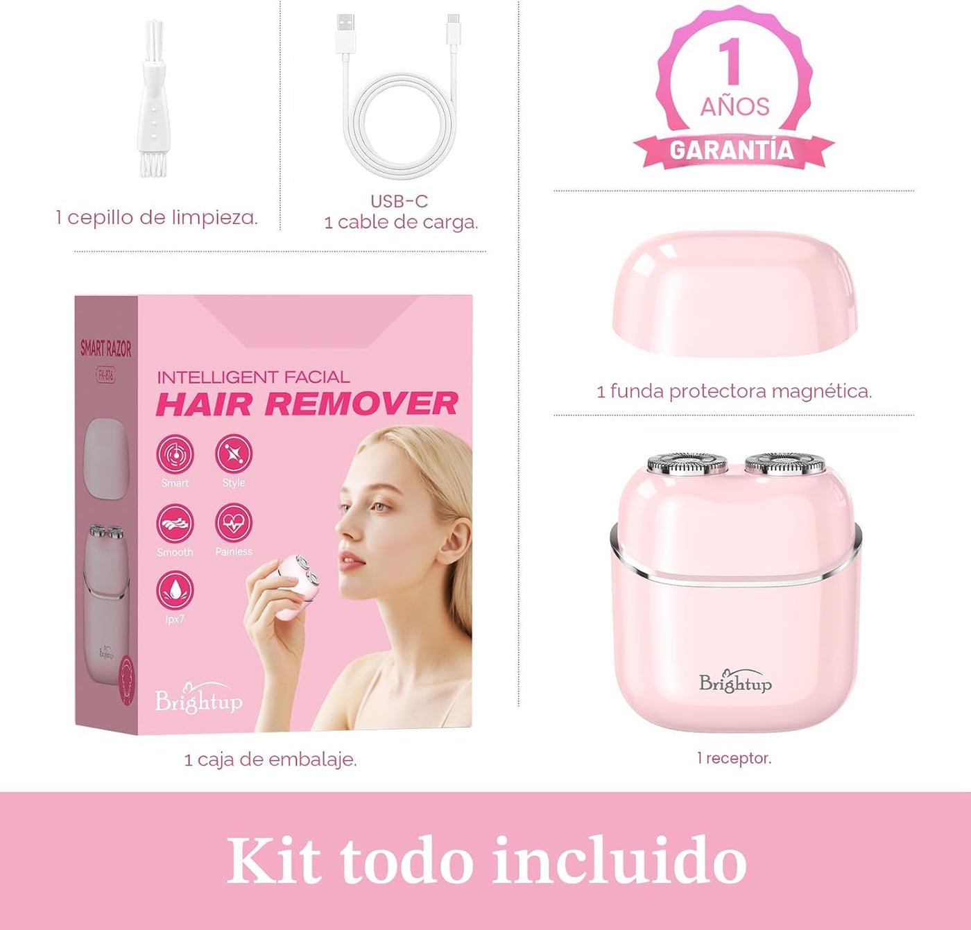 Brightup - Depilación facial para mujeres, afeitadora eléctrica sin...