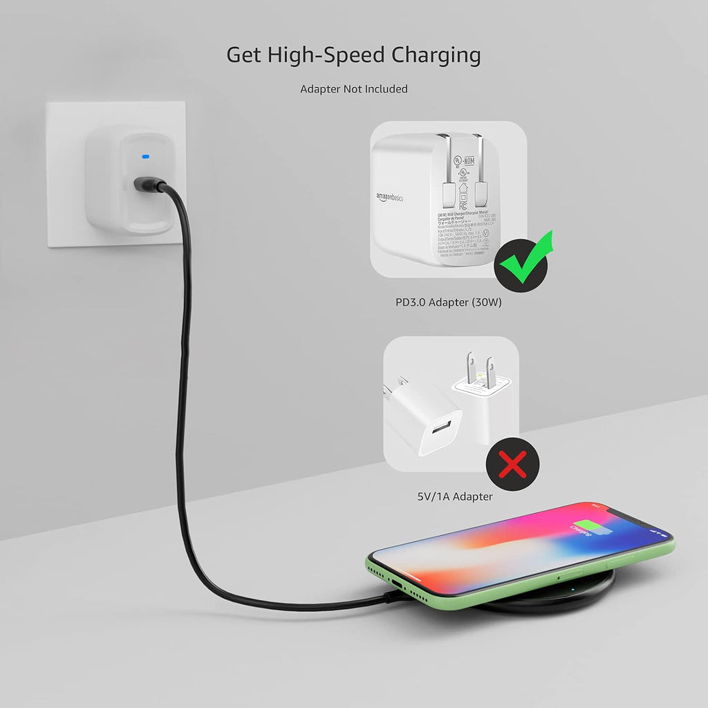 Amazon Basics Cargador inalámbrico, almohadilla de carga inalámbrica con certificación Qi de 15 W con cable USB, compatible con iPhone 15/14/13/12/11/X, Samsung y LG, compatible con funda, negro