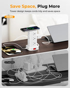 Regleta de alimentación con 12 tomas, 4 USB (1 USB C), cable de extensión de 6.5 pies con múltiples tomas, estación de carga, torre de regleta de alimentación, suministros de escritorio de oficina en