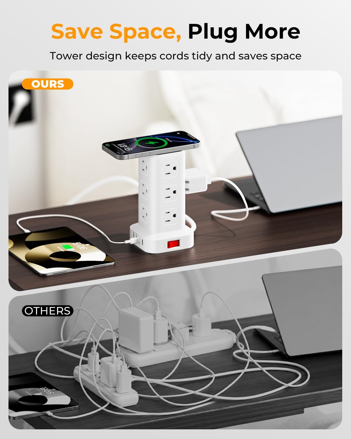 Regleta de alimentación con 12 tomas, 4 USB (1 USB C), cable de extensión de 6.5 pies con múltiples tomas, estación de carga, torre de regleta de alimentación, suministros de escritorio de oficina en