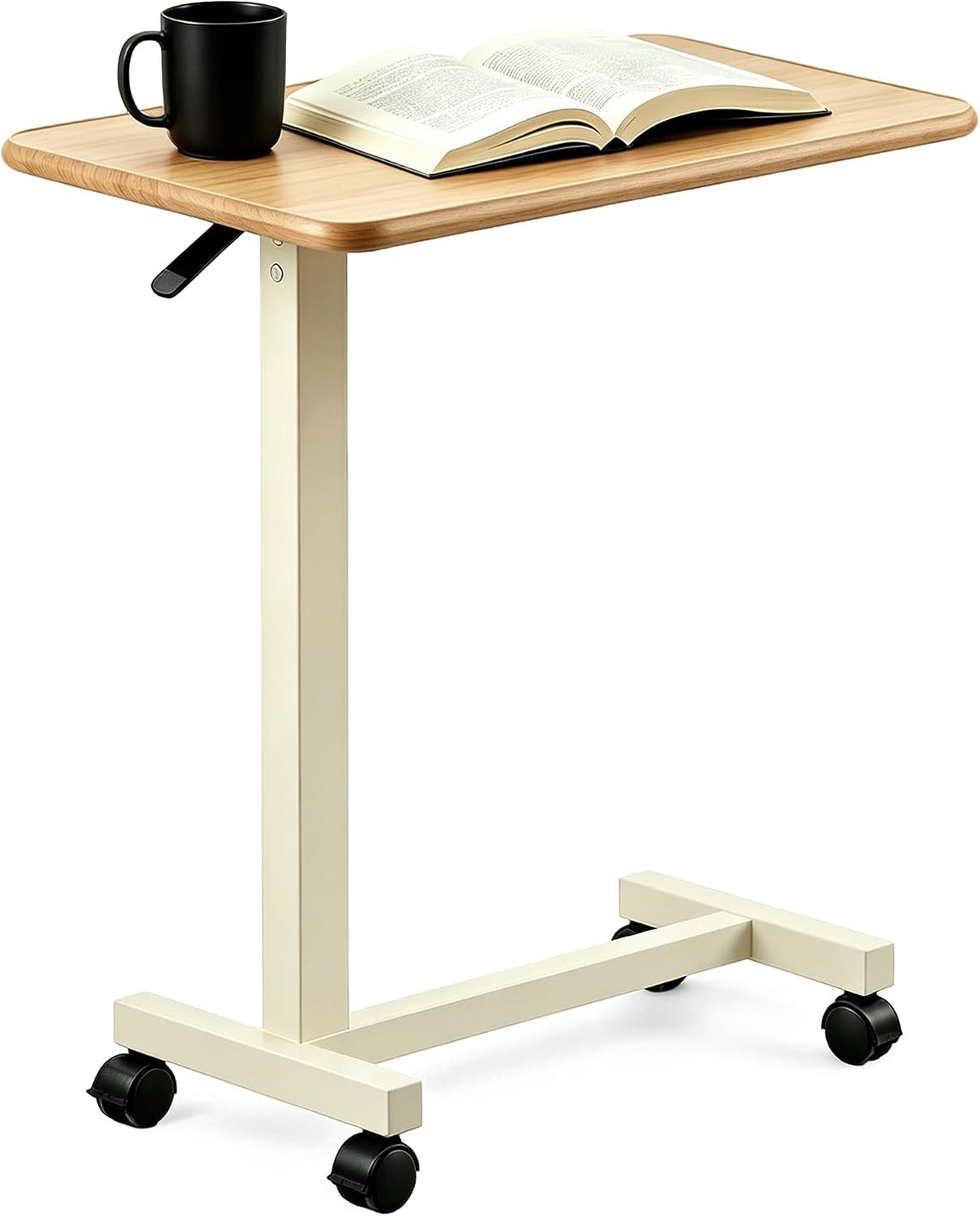 Mesa de noche ajustable con ruedas, mesa de noche neumática con elevación de altura, escritorio de pie para uso doméstico y oficina, ideal para personas mayores y movilidad limitada (blanco nogal)
