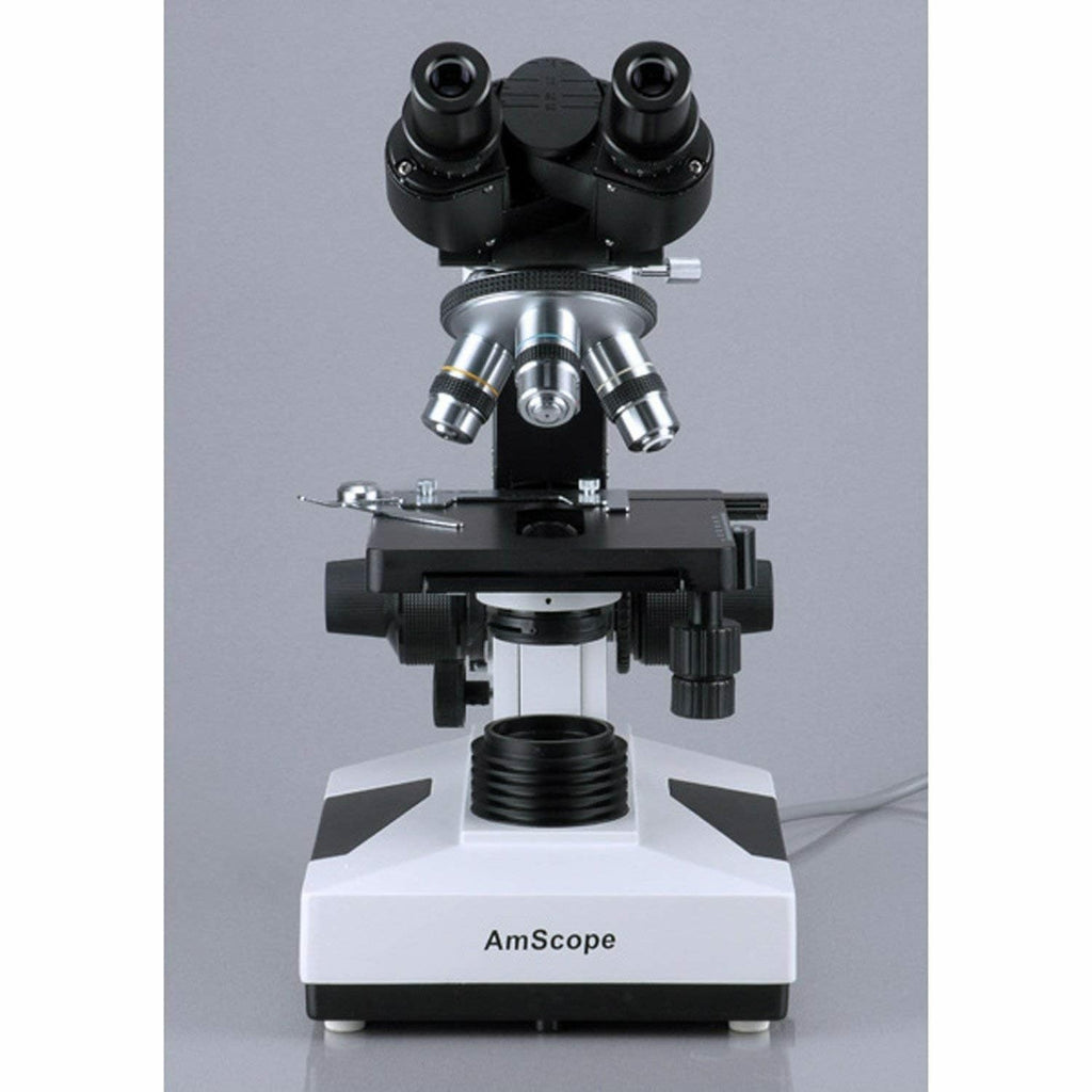 AmScope - Microscopio binocular de compuesto biológico 1600X + 50 portaobjetos + 100 cubreobjetos - B490A-50P100S