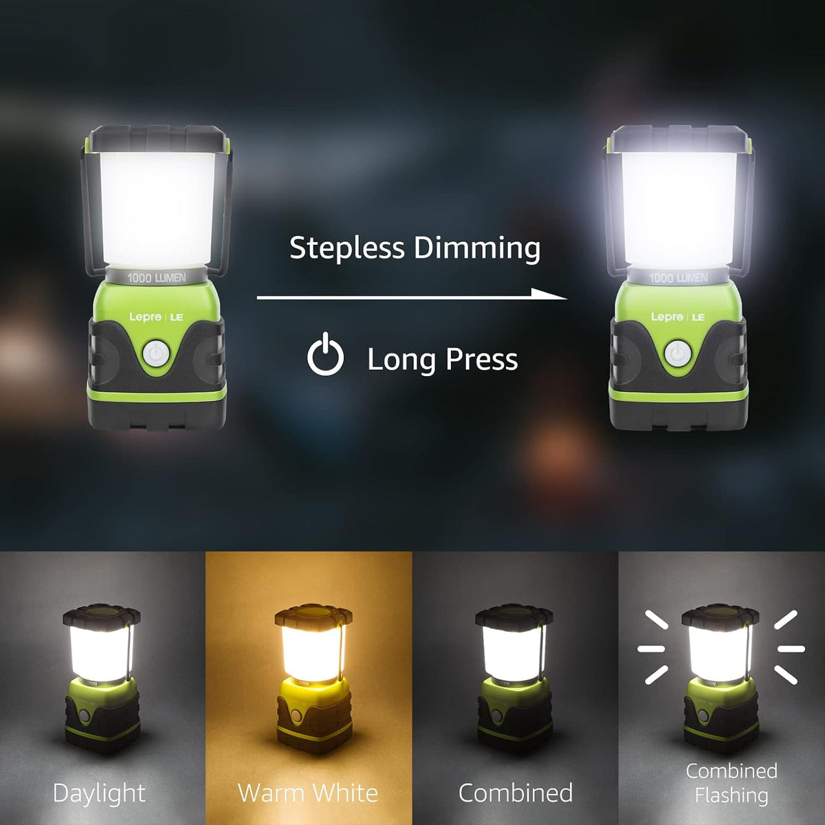 Lámpara LE Luz LED portátil de 1000 LM, atenuable, linterna para acampar de 4 modos, resistente al agua, lámpara que funciona a batería para el hogar, jardín, exteriores, senderismo, pesca, emergencias