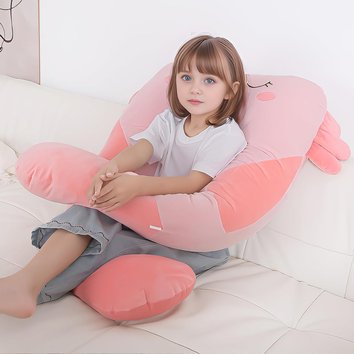 Cojines de peluche en forma de U de 47x23 pulgadas para niños, almohada grande y suave con forma de ajolote para dormir, grandes y lindos peluches, funda lavable, regalo para niños y niñas