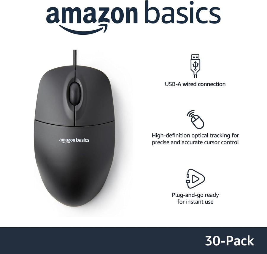 Amazon Basics Ratón de computadora USB con cable de 3 botones, colo...