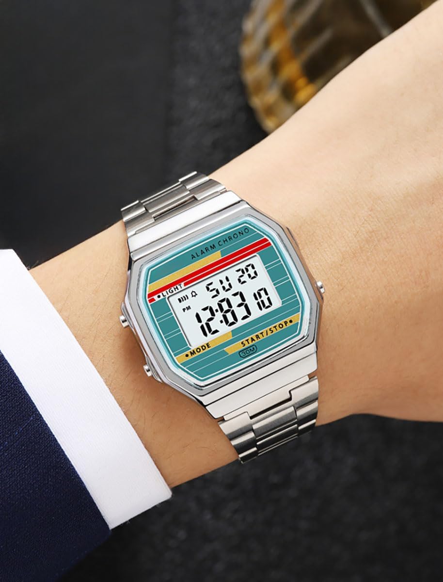 Reloj digital retro de acero inoxidable con banda de alarma, cronógrafo, luz LED, resistente al agua hasta 30 m, reloj de pulsera electrónico vintage para hombres y mujeres