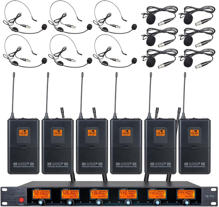 Tbaxo Sistema de micrófono inalámbrico 6 canales Lavalier Mic Bodyp...