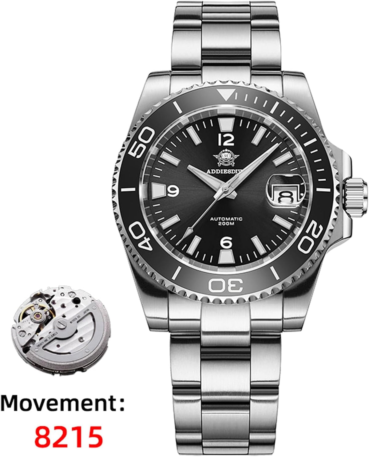 Reloj de buceo automático ADDIESDIVE para hombre Movimiento NH35A/8215 Bisel giratorio de zafiro Luminiscente 200 M resistente al agua Fácil de leer con números grandes Reloj de buceo para hombre