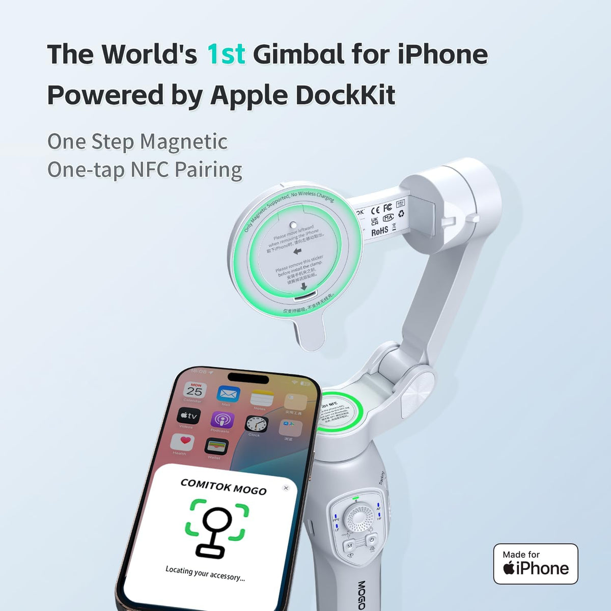 COMITOK MOGO Solo para iPhone, estabilizador de cardán para iPhone, [certificado MFi] cardán de teléfono con seguimiento facial de 360 grados para grabación de video