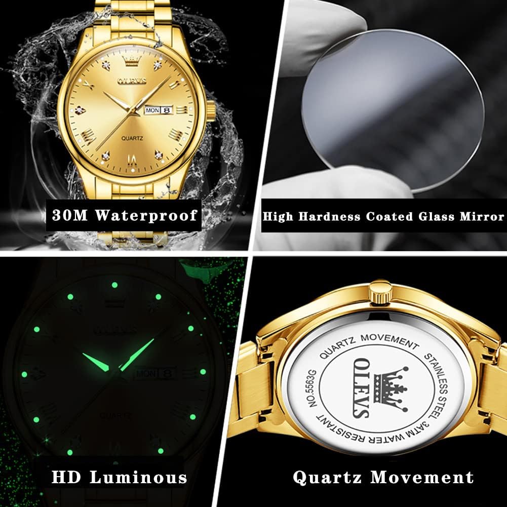 OLEVS Relojes para Hombre de Lujo a prueba de agua Lúminosos de lectura fácil Cronógrafo Con Esmalte Dorado Completo / Blanco Dial / Cara Negra Calendario Pulsera Relojes