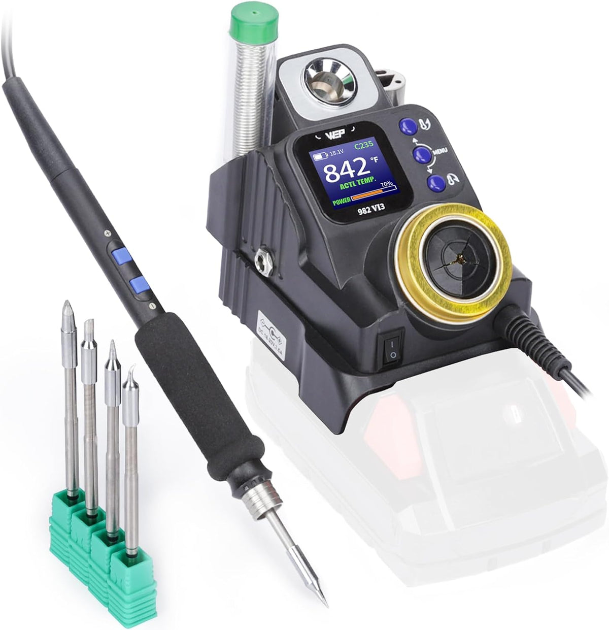 WEP 982-VI 3 Estación de soldadura inalámbrica para batería Milwaukee de 20V, kit de soldador con soporte integrado, limpiador de puntas, conversión °C-°F, modo de suspensión, 5 puntas compatibles