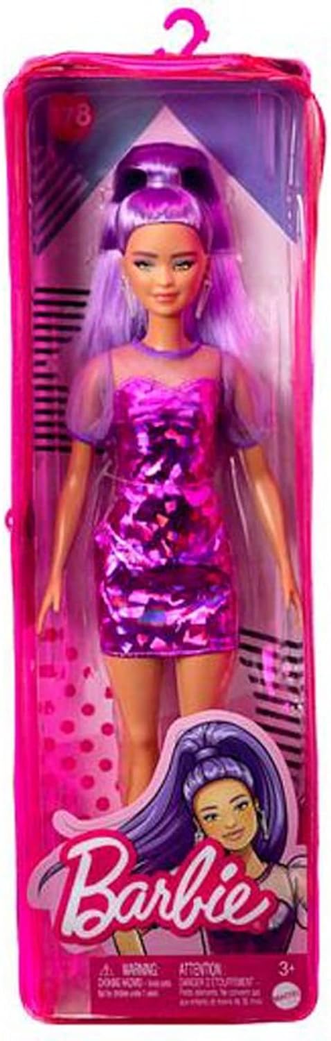 Barbie Fashionistas - Muñeca pequeña, de pelo largo morado y vestid...
