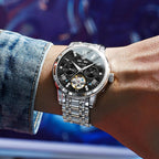 OLEVS Reloj automático para hombre de lujo en acero inoxidable con esqueleto y diamantes
