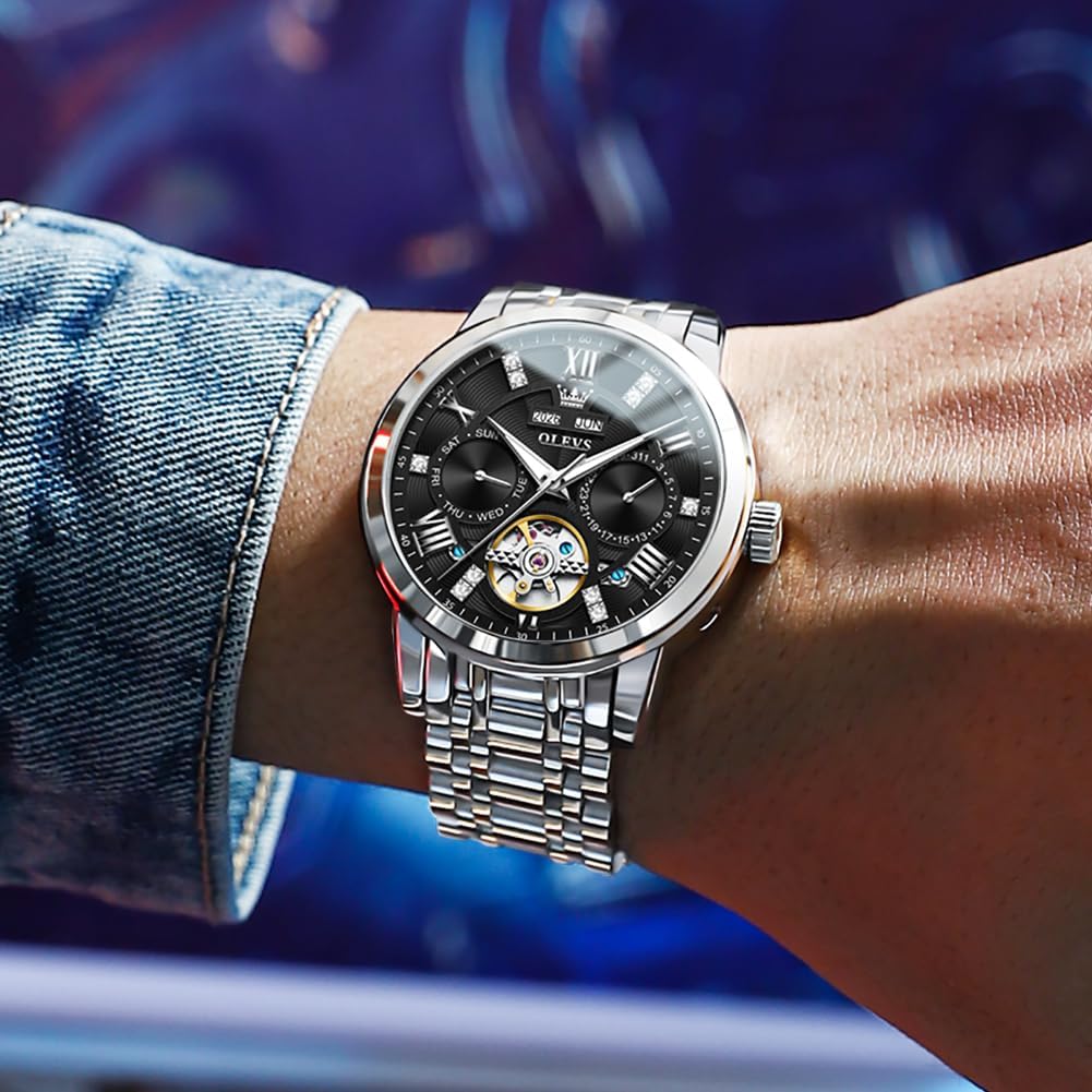 OLEVS Reloj automático para hombre de lujo en acero inoxidable con esqueleto y diamantes