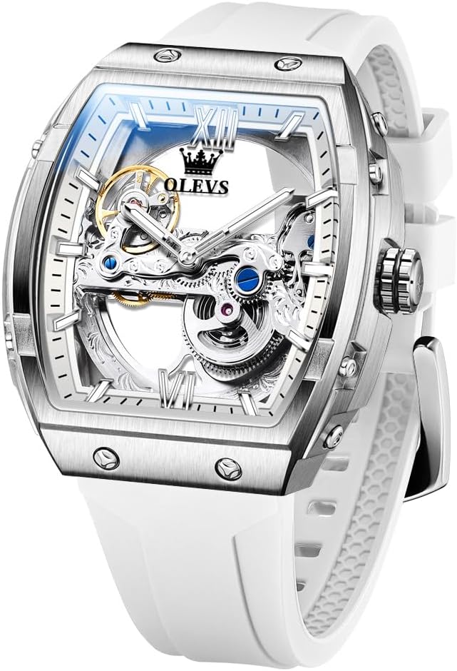 OLEVS Reloj para Hombre Skeleton Automático Tonneau Correa de Silicona Negocios Lujo a Prueba de Agua Luminoso Reloj Mecánico para Hombre