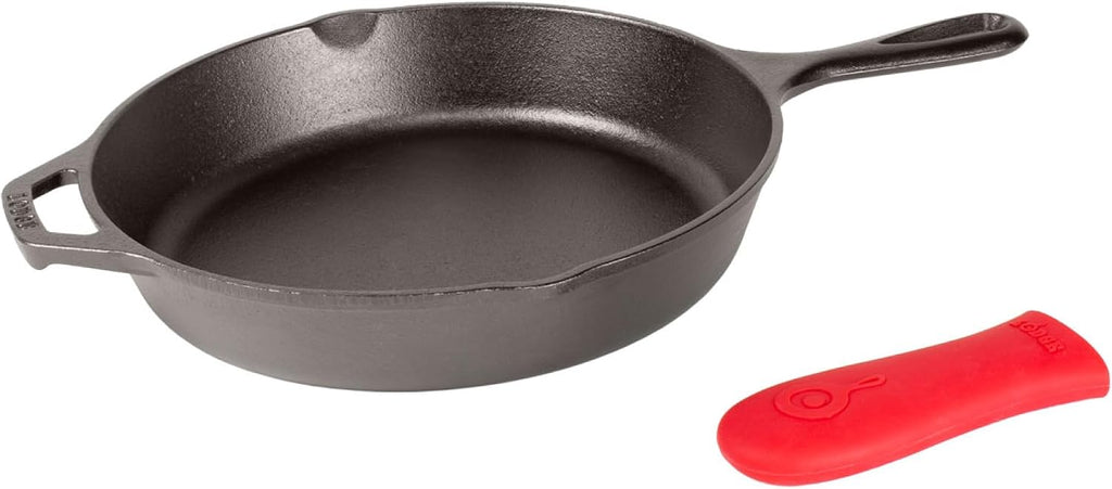 Sartén de hierro fundido Lodge con minimango rojo de silicona de 8 pulgadas