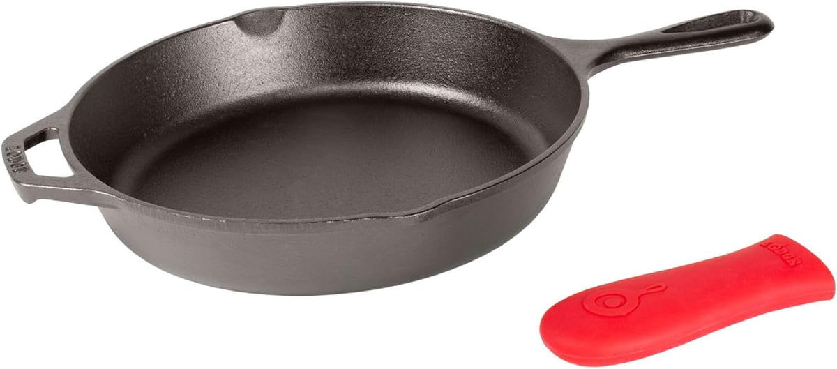 Sartén de hierro fundido Lodge con minimango rojo de silicona de 8 pulgadas