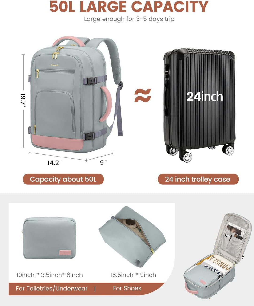 LOVEVOOK Mochila de viaje de 50 L para mujer, aprobada para vuelo,...