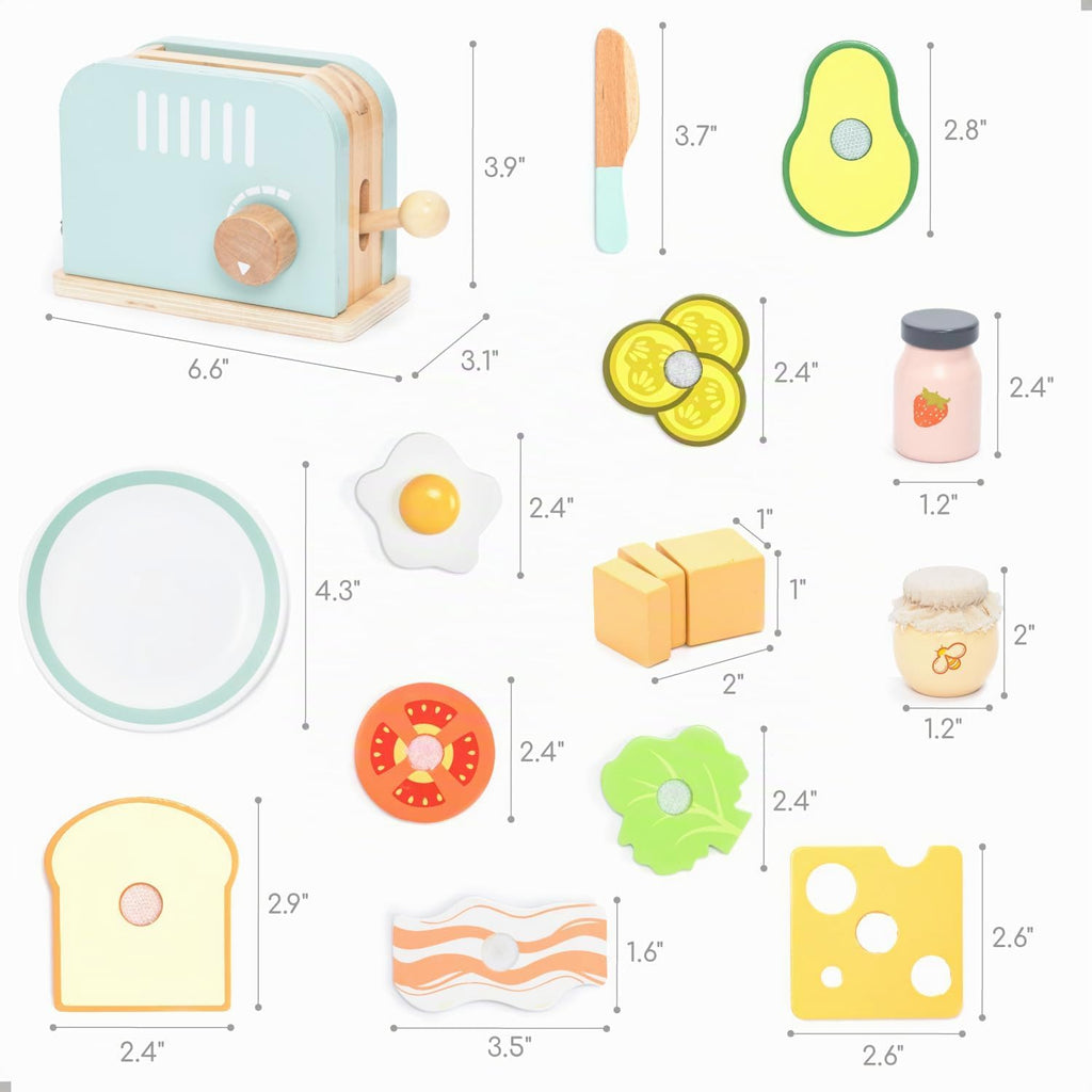 UMU® Tostadora de madera y juego de sándwiches – Incluye tostadora emergente, mantequilla rebanable, accesorios de cocina y más – Juguete de simulación para niños de 3 4 5 6 años