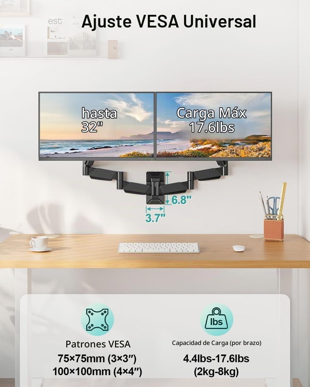 Soporte de pared para monitor doble de brazo largo para 17-32