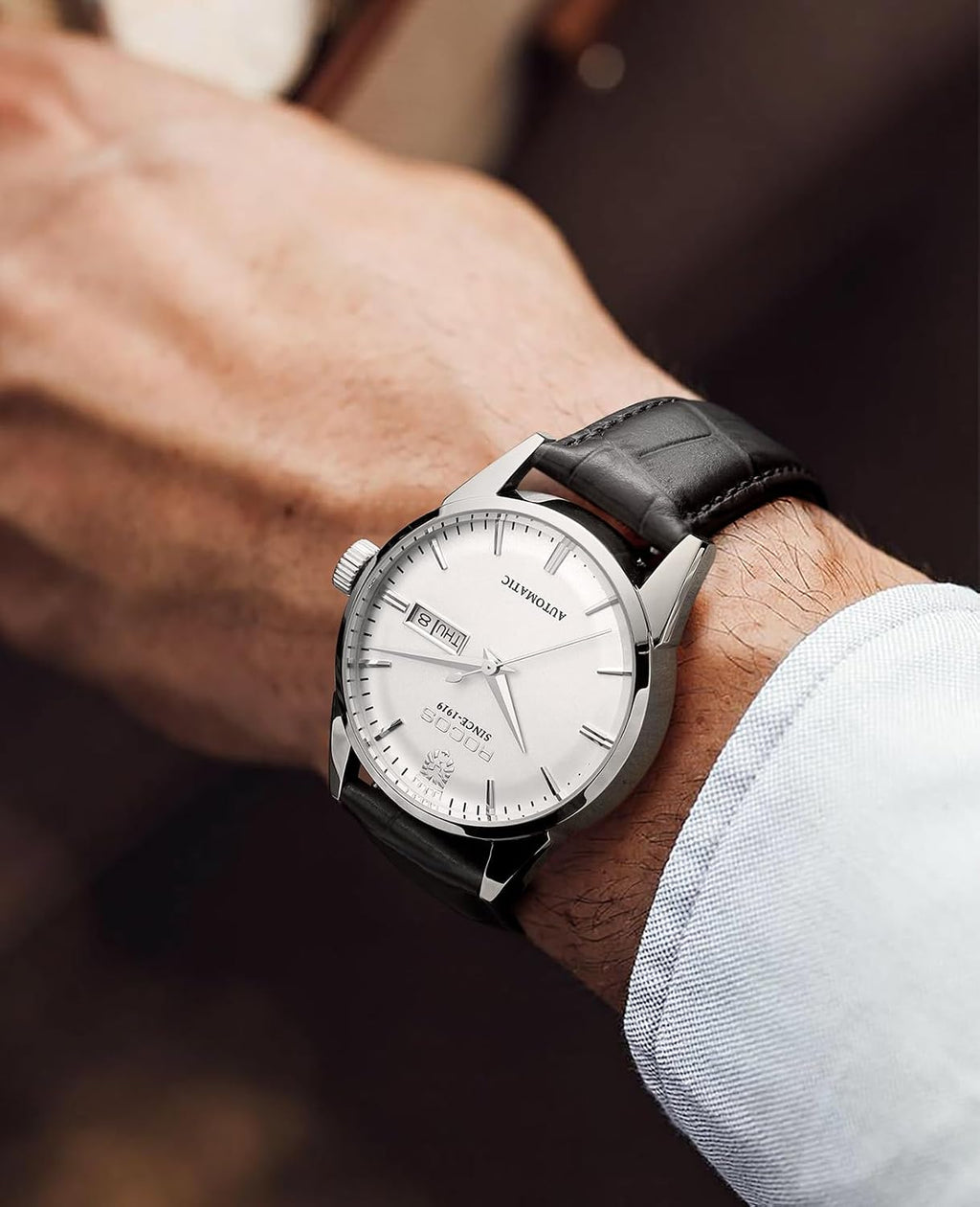 ROCOSJEWE Reloj mecánico automático para hombre, correa de cuero negro