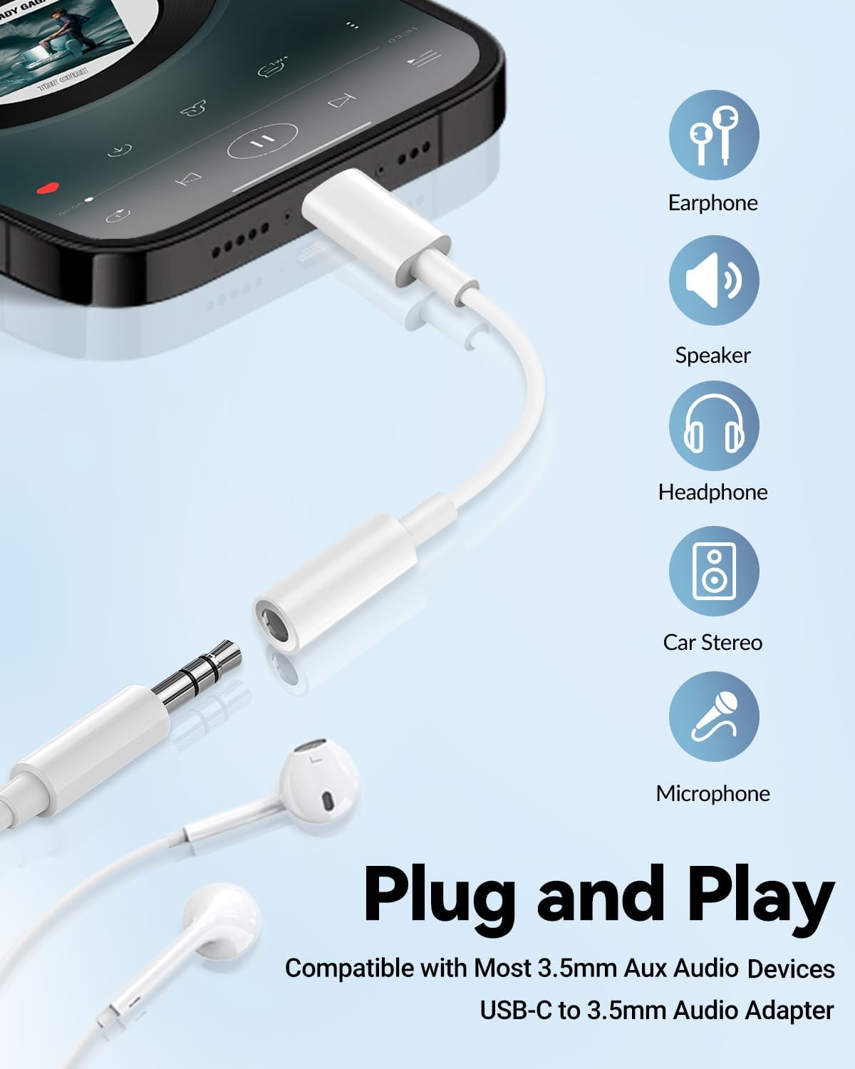 Adaptador USB C a conector de auriculares de 3.5mm para iPhone 15/16 Pro/Max, Dongle DAC de audio de alta resolución, convertidor de cable auxiliar de 3.5mm para Samsung Galaxy, iPad