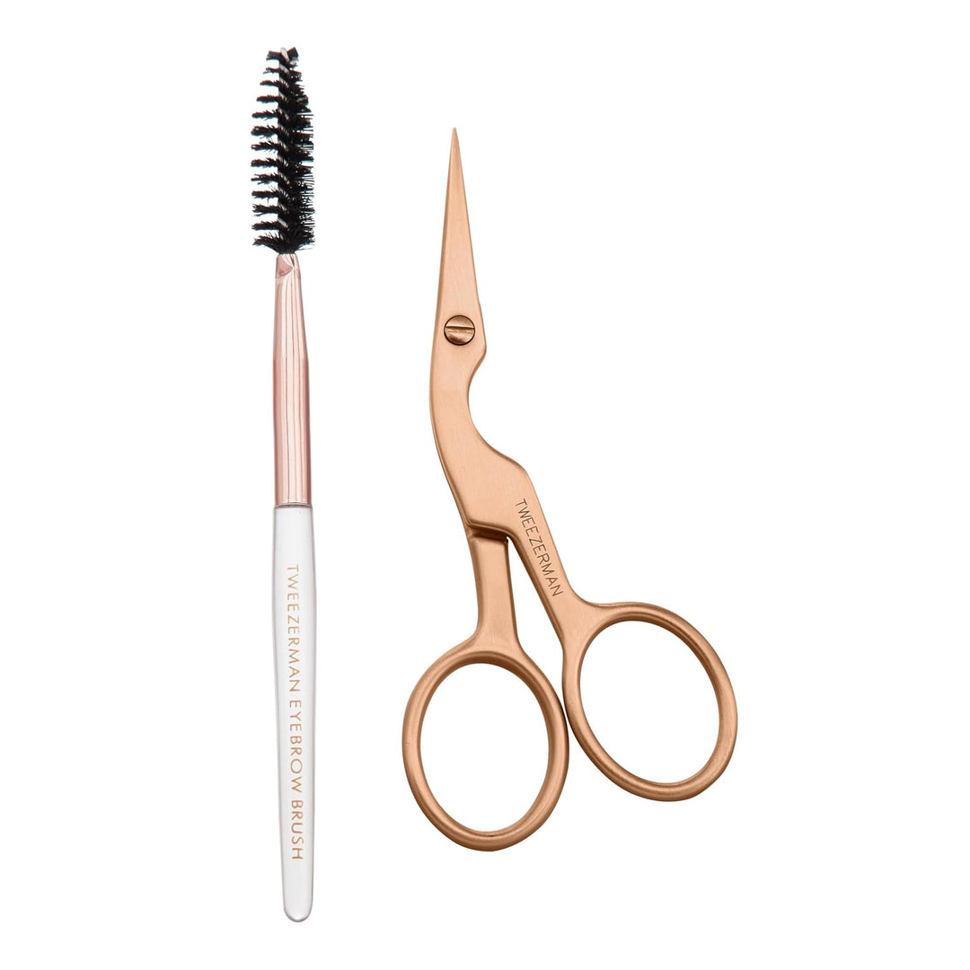 Tweezerman Tijera de cejas y cepillo de cejas de oro rosa