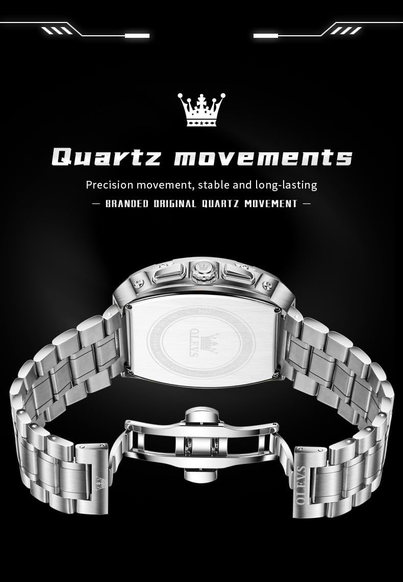OLEVS Reloj para Hombres Analógico Cuarzo Lujo Diamante Resistente al Agua Cronógrafo Acero Inoxidable Carita Grande Cuadrado Fecha Fase Lunar Romano Relojes de Vestir para Hombres