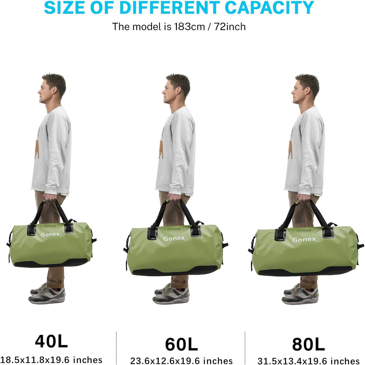 Gonex Bolsa de lona impermeable extra grande de 40 L, 60 L, 80 L, bolsa de lona seca de viaje, bolsa resistente con correas y asas duraderas para kayak, paddleboarding, navegación, rafting, pesca