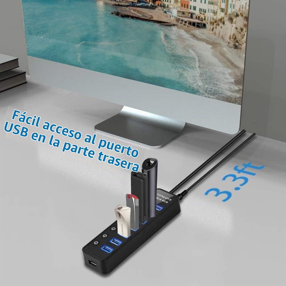 LYFNLOVE, HUB002, hub USB 3.0, alimentado, con puerto de carga inteligente, adaptador 5V/4A