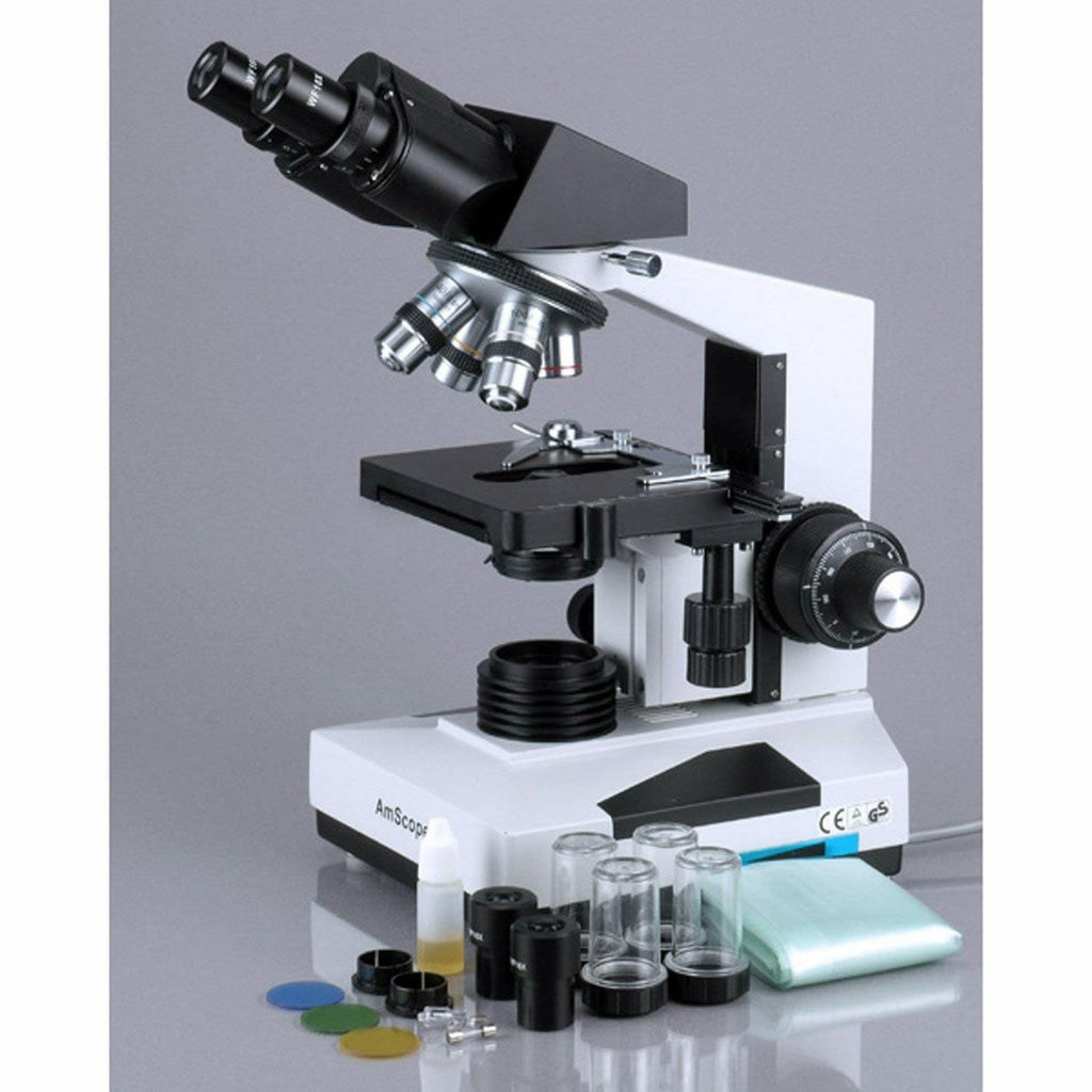AmScope - Microscopio binocular de compuesto biológico 1600X + 50 portaobjetos + 100 cubreobjetos - B490A-50P100S