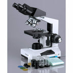 AmScope - Microscopio binocular de compuesto biológico 1600X + 50 portaobjetos + 100 cubreobjetos - B490A-50P100S