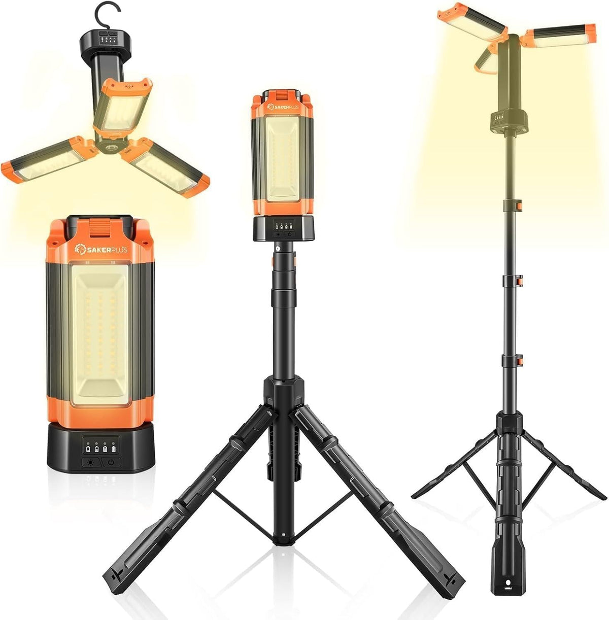 Lámpara SakerPlus Luz de campamento portátil con soporte, luz de trabajo al aire libre de 20000 mAh, 800-3200 lúmenes, altura de 6.1 pies con trípode desmontable, LED regulable de 3300 a 6500 K, linterna de