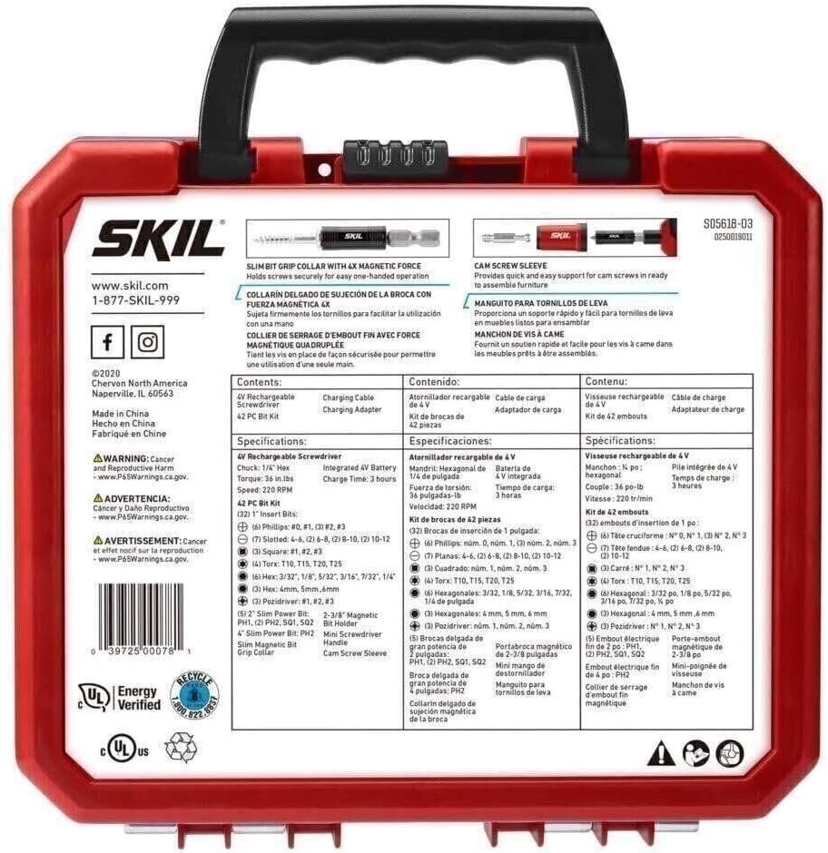 SKIL Destornillador inalámbrico recargable de 4 V con juego de 42 puntas, cargador USB y estuche de transporte - SD5618-03