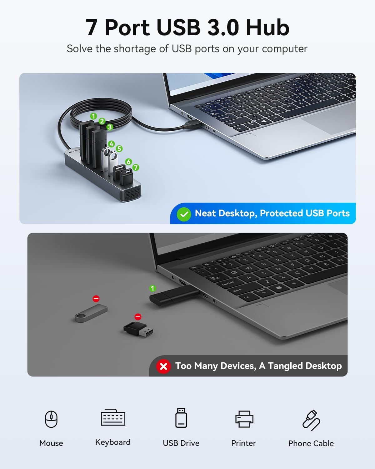 Yottamaster, hub USB 3.0 de 7 puertos, con puerto de carga inteligente, adaptador 5V/3A